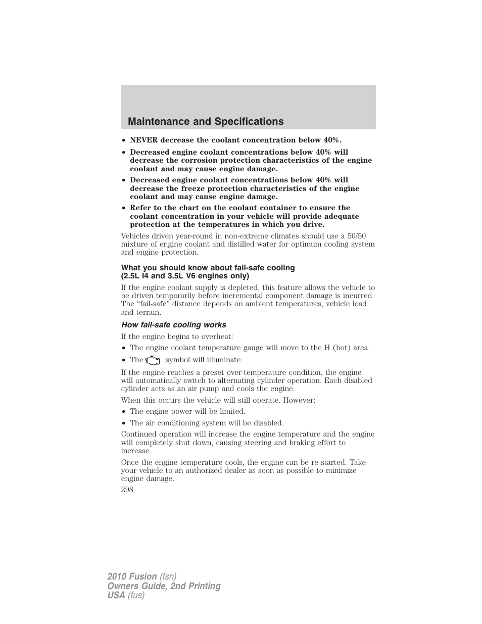 How fail-safe cooling works, Maintenance and specifications | FORD 2010 Fusion v.2 User Manual | Page 298 / 344