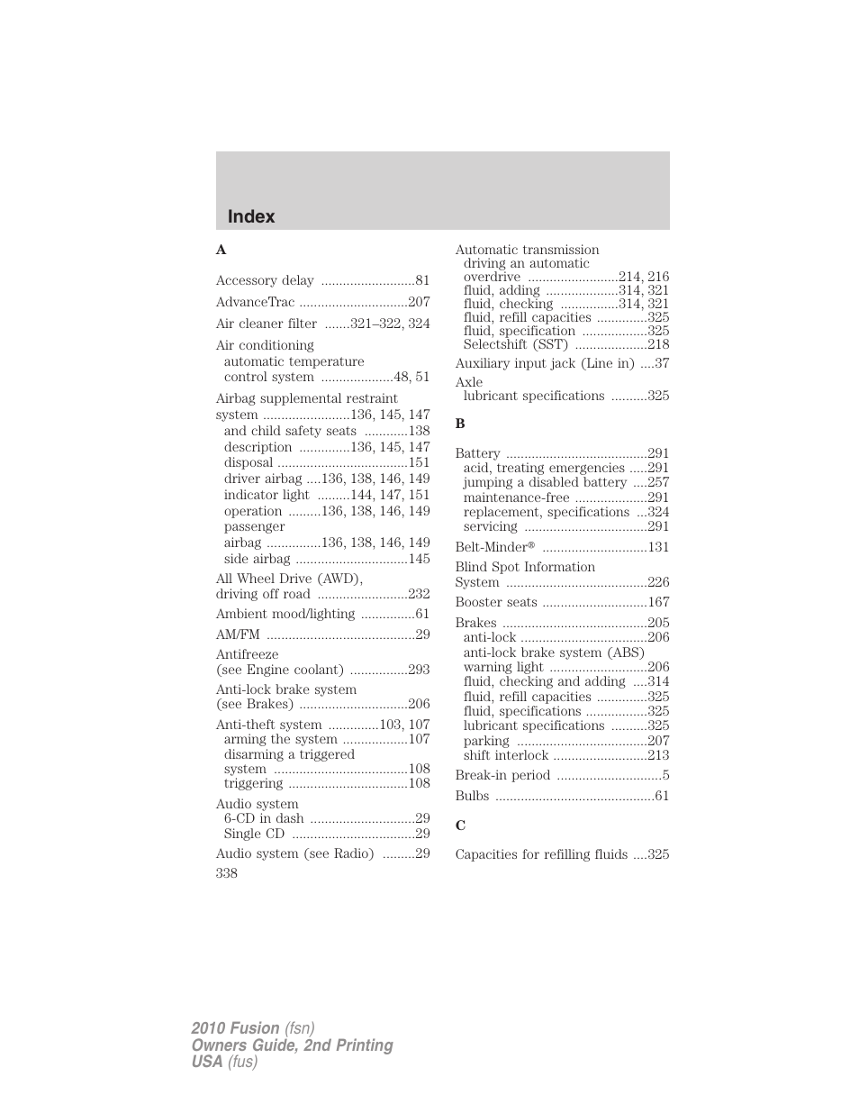 Index | FORD 2010 Fusion v.2 User Manual | Page 338 / 344