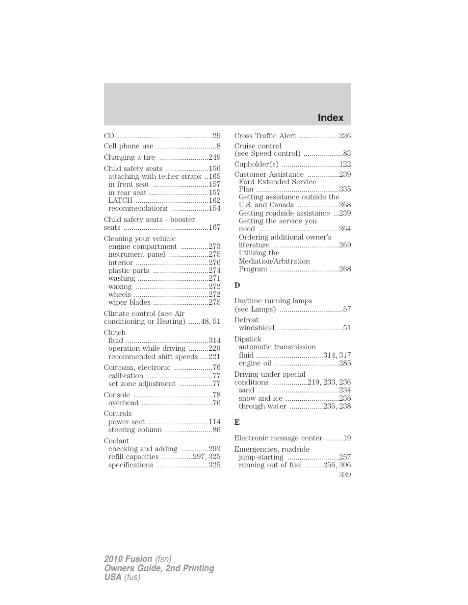 Index | FORD 2010 Fusion v.2 User Manual | Page 339 / 344