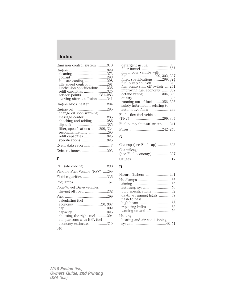 Index | FORD 2010 Fusion v.2 User Manual | Page 340 / 344