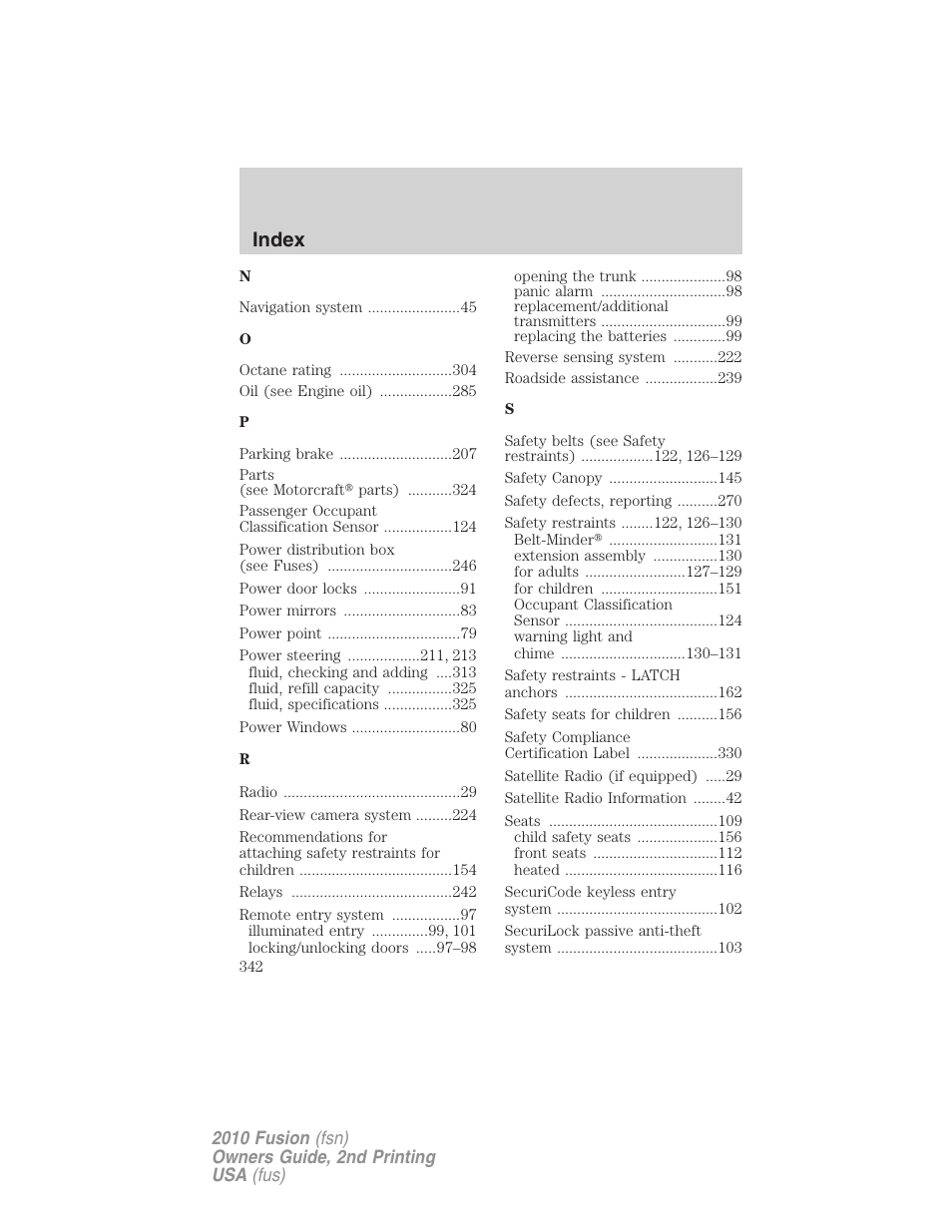 Index | FORD 2010 Fusion v.2 User Manual | Page 342 / 344