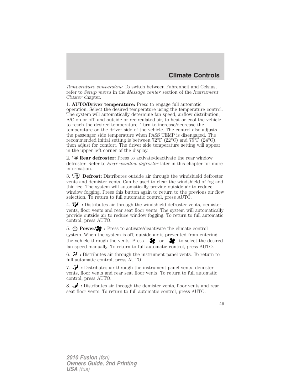 Climate controls | FORD 2010 Fusion v.2 User Manual | Page 49 / 344