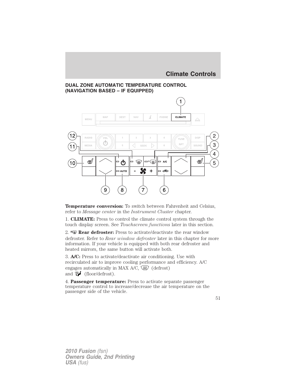 Navigation system based climate control, Climate controls | FORD 2010 Fusion v.2 User Manual | Page 51 / 344