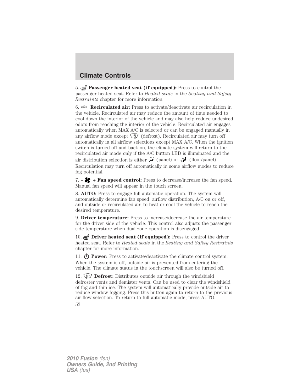 Climate controls | FORD 2010 Fusion v.2 User Manual | Page 52 / 344