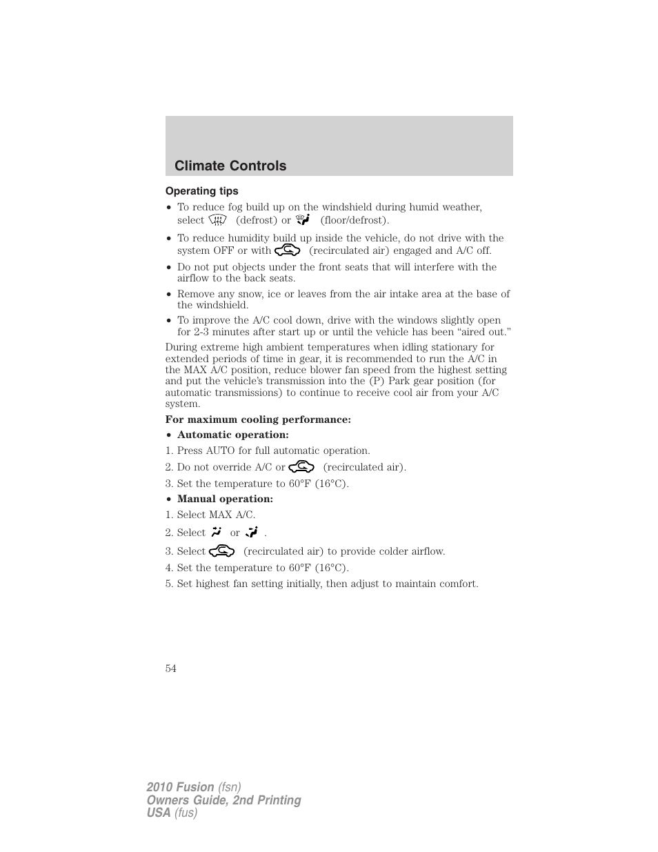 Operating tips, Climate controls | FORD 2010 Fusion v.2 User Manual | Page 54 / 344