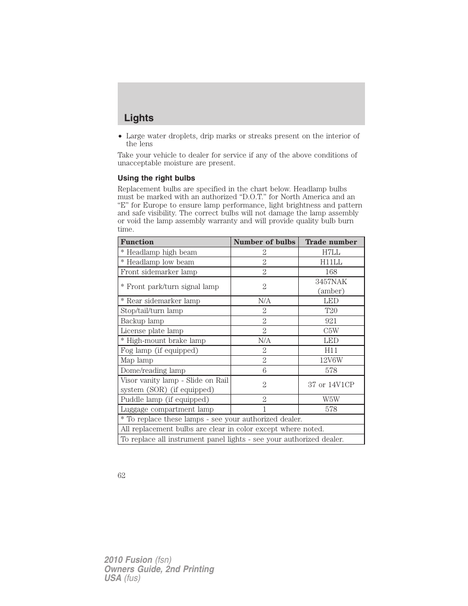 Using the right bulbs, Lights | FORD 2010 Fusion v.2 User Manual | Page 62 / 344