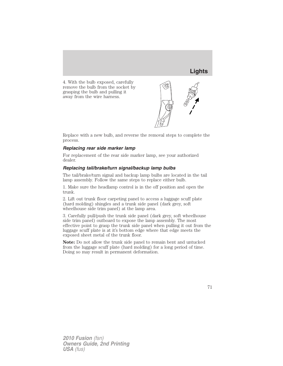 Replacing rear side marker lamp, Replacing tail/brake/turn signal/backup lamp bulbs, Lights | FORD 2010 Fusion v.2 User Manual | Page 71 / 344