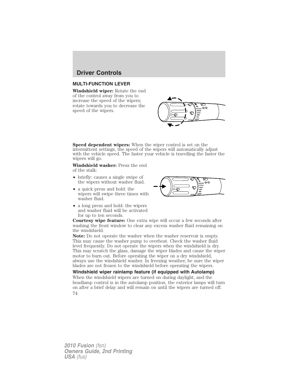 Driver controls, Multi-function lever, Windshield wiper/washer control | FORD 2010 Fusion v.2 User Manual | Page 74 / 344