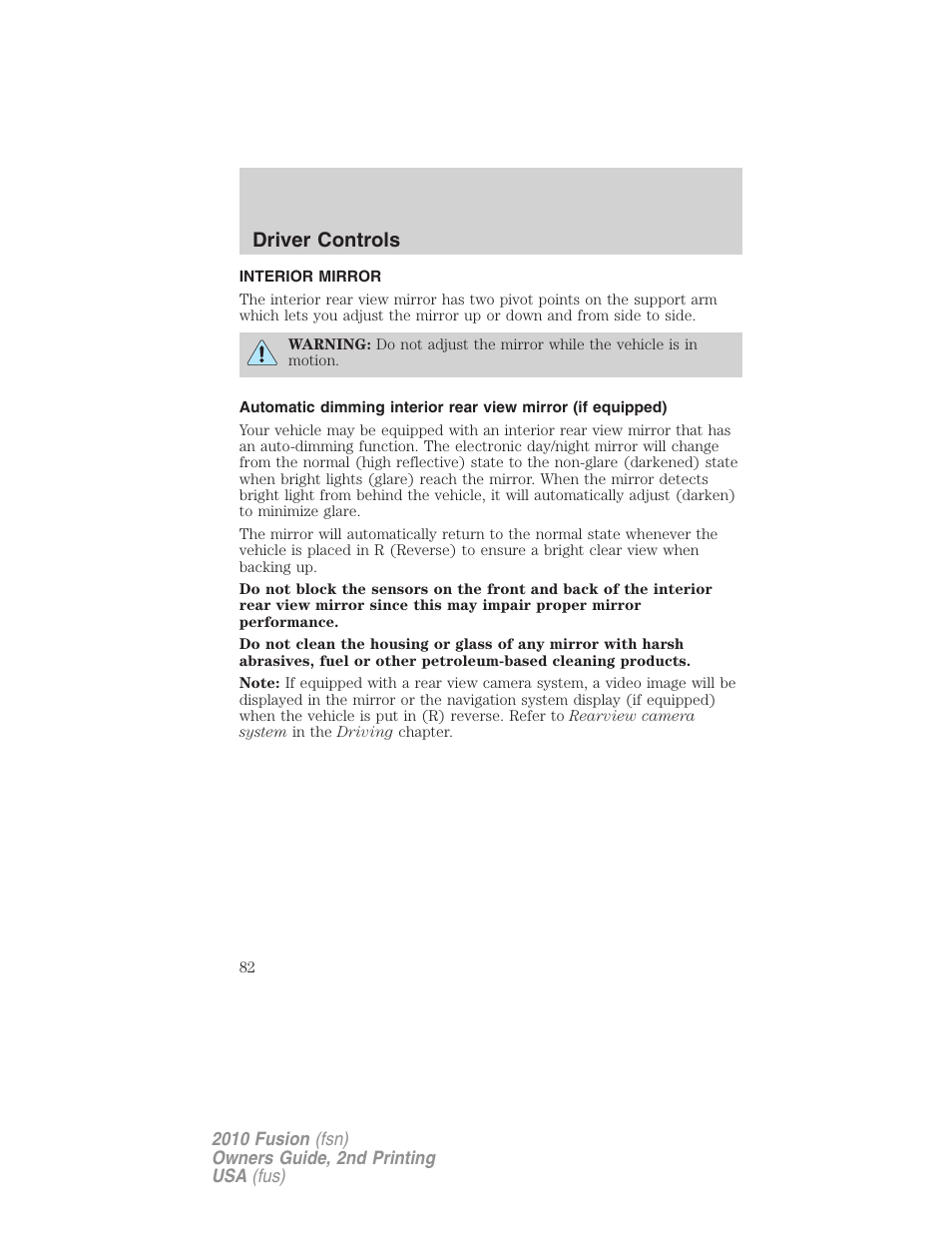 Interior mirror, Mirrors, Driver controls | FORD 2010 Fusion v.2 User Manual | Page 82 / 344