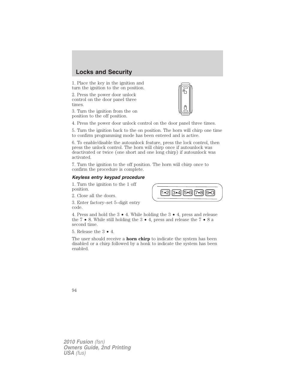 Keyless entry keypad procedure, Locks and security | FORD 2010 Fusion v.2 User Manual | Page 94 / 344