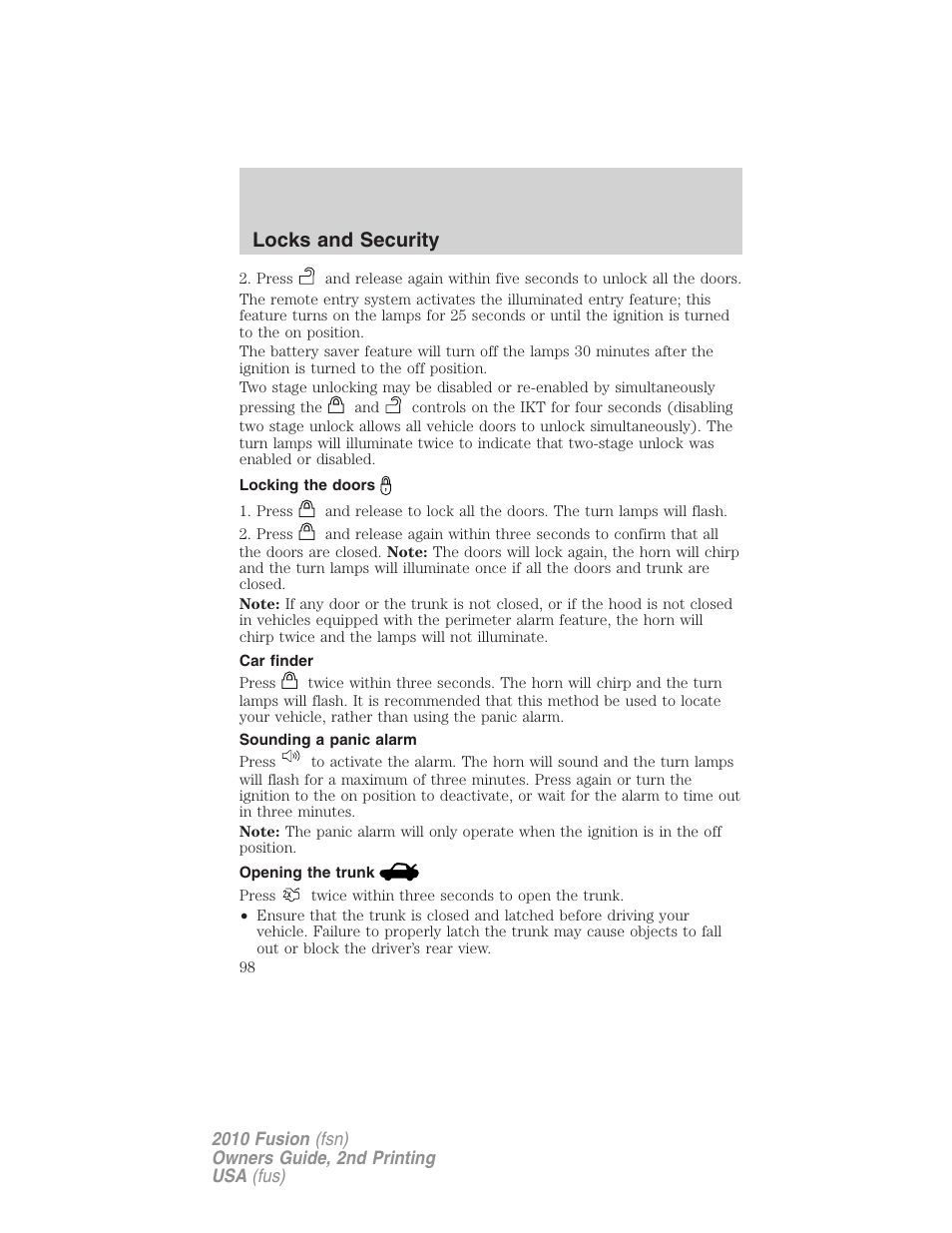 Locking the doors, Car finder, Sounding a panic alarm | Opening the trunk, Locks and security | FORD 2010 Fusion v.2 User Manual | Page 98 / 344