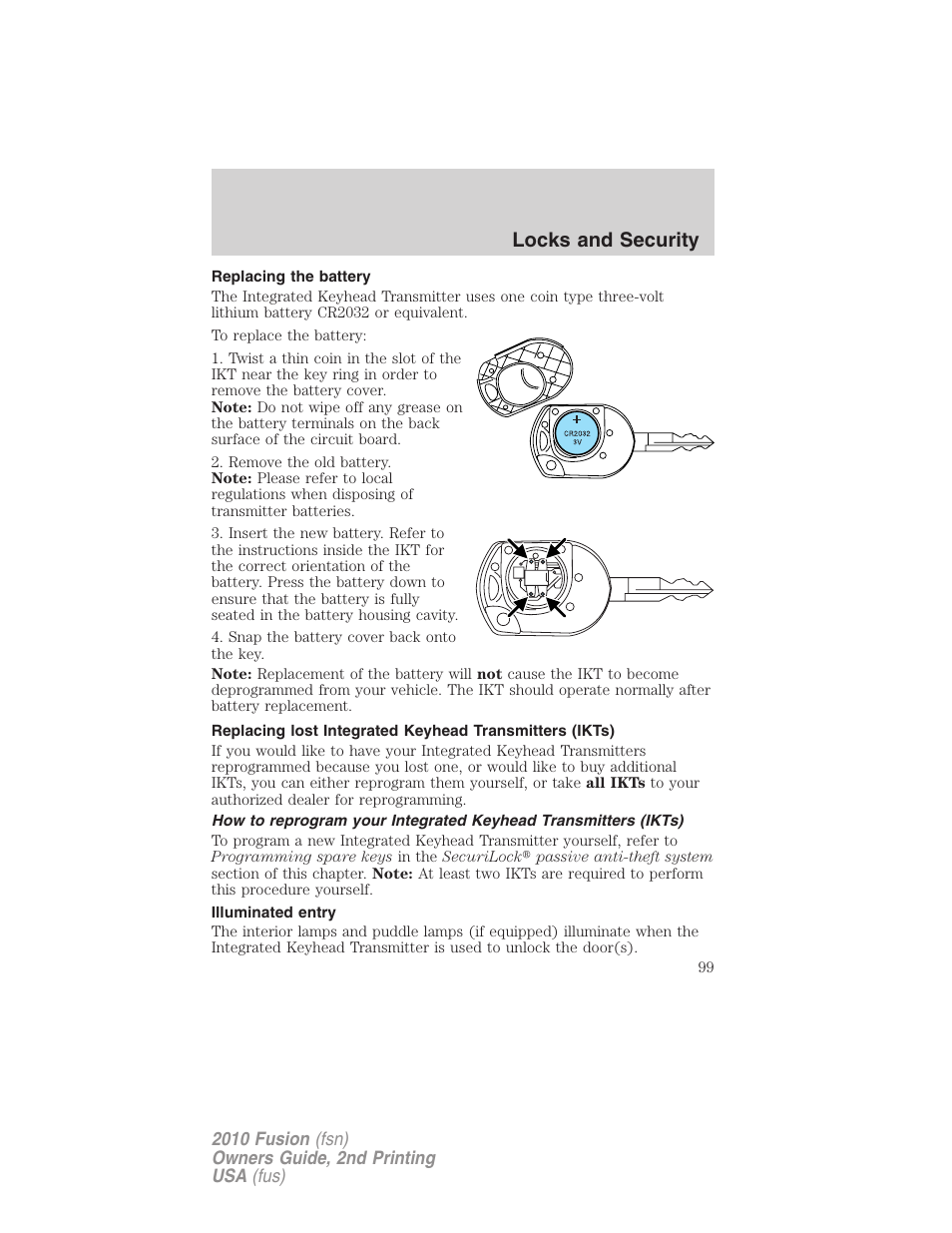 Replacing the battery, Illuminated entry, Locks and security | FORD 2010 Fusion v.2 User Manual | Page 99 / 344