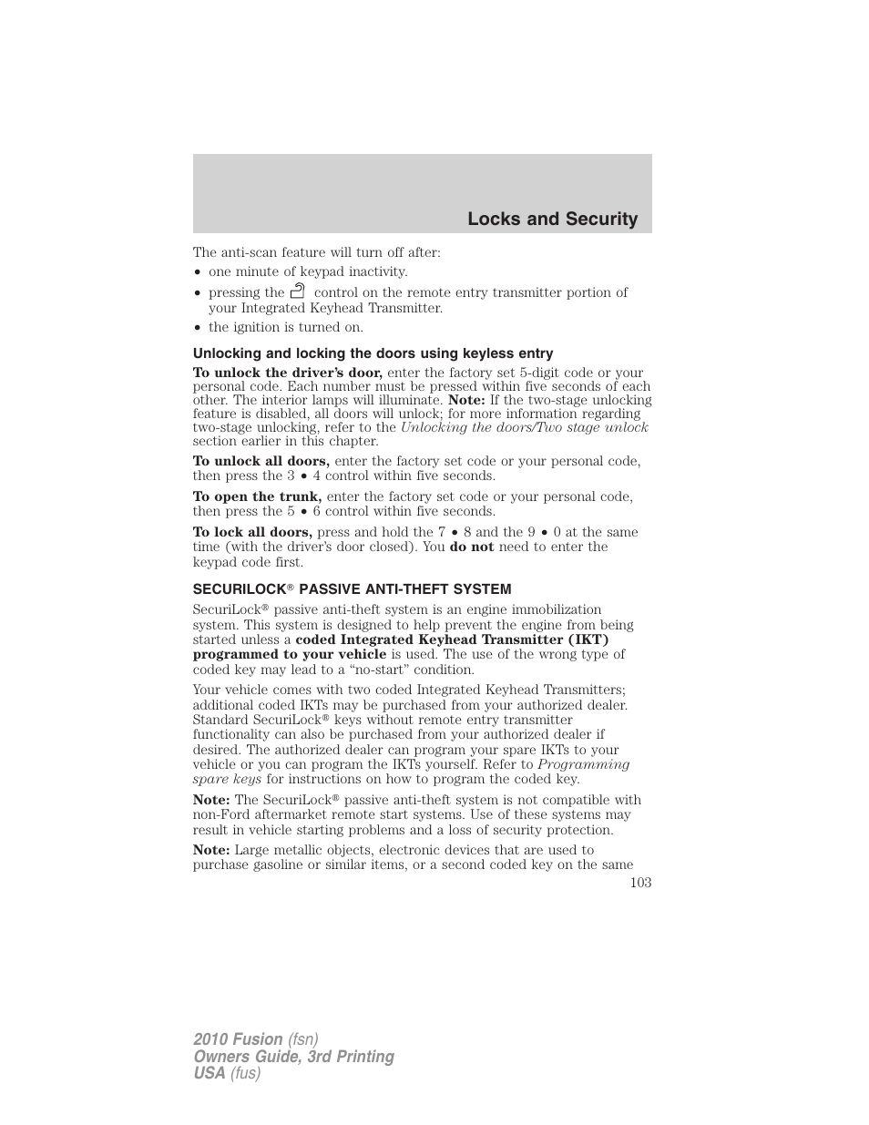 Securilock passive anti-theft system, Anti-theft system, Locks and security | FORD 2010 Fusion v.3 User Manual | Page 103 / 343