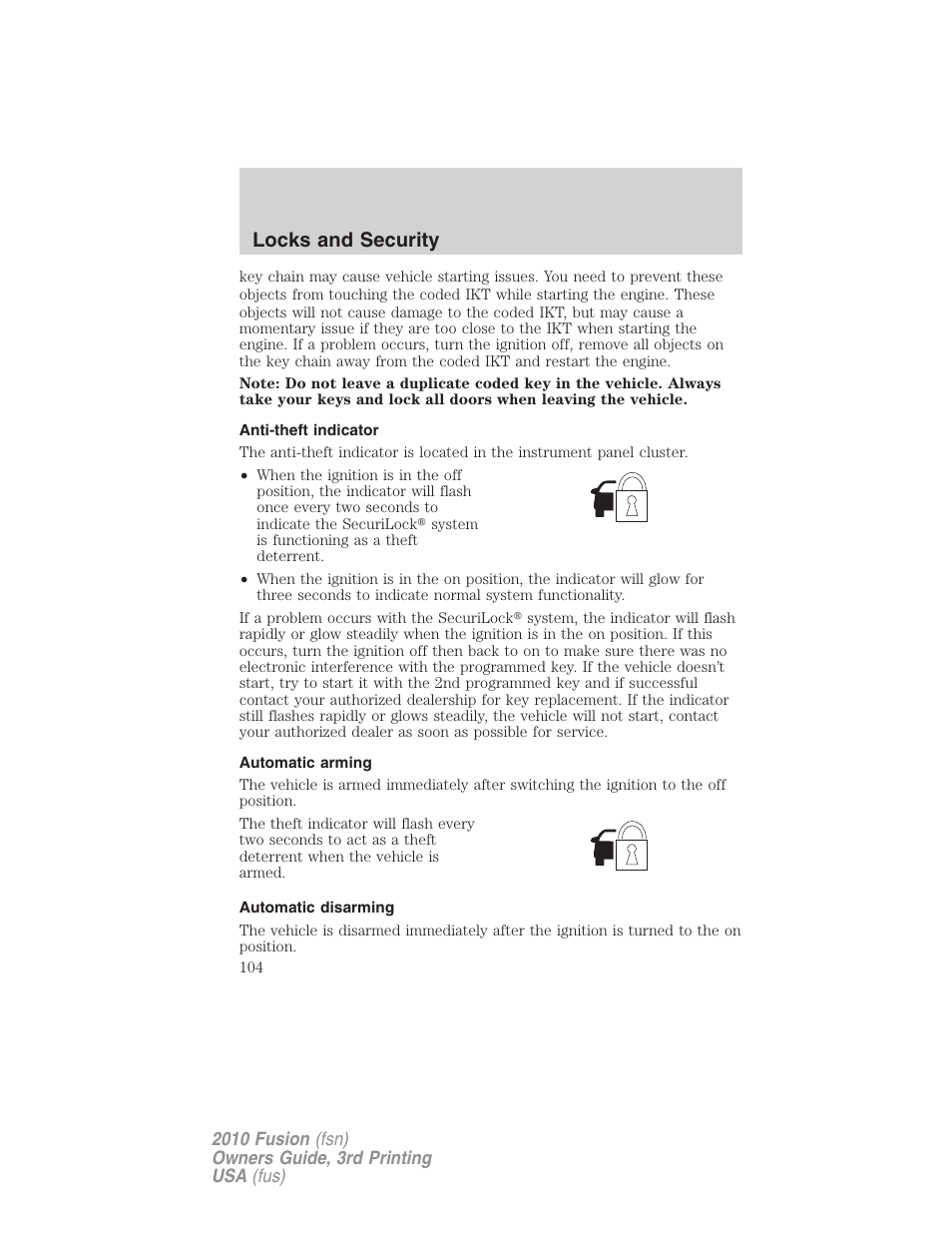 Anti-theft indicator, Automatic arming, Automatic disarming | Locks and security | FORD 2010 Fusion v.3 User Manual | Page 104 / 343