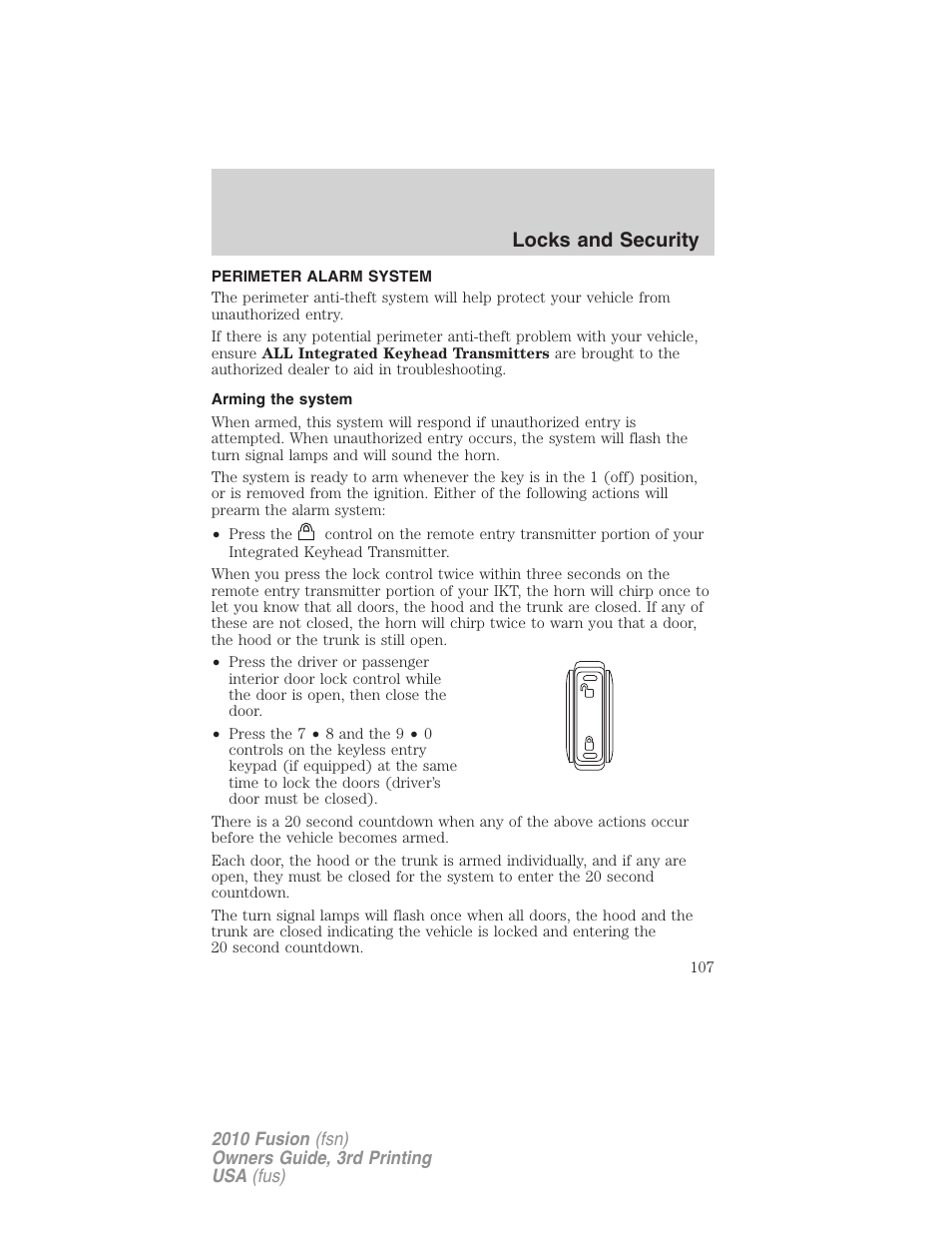 Perimeter alarm system, Arming the system, Locks and security | FORD 2010 Fusion v.3 User Manual | Page 107 / 343