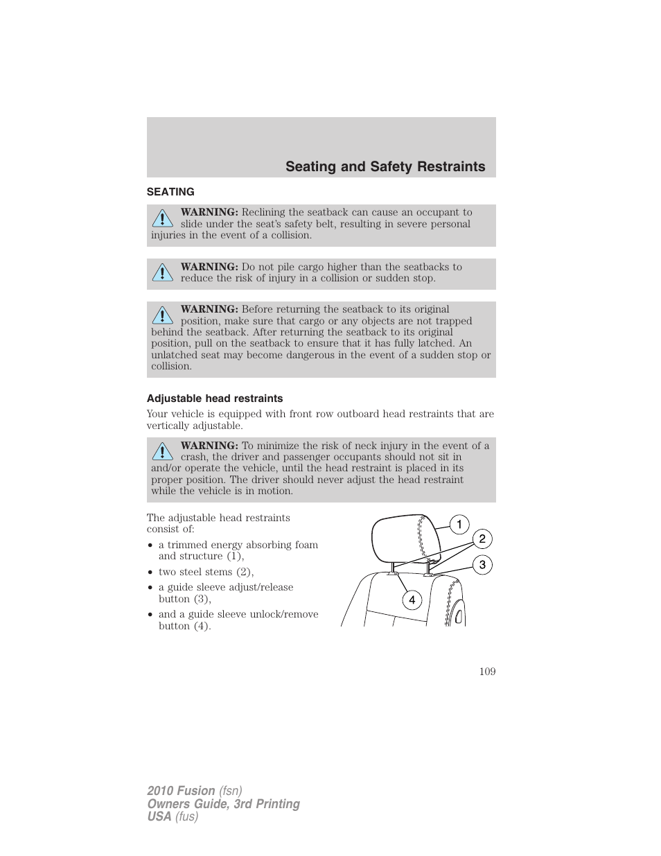Seating and safety restraints, Seating, Adjustable head restraints | FORD 2010 Fusion v.3 User Manual | Page 109 / 343