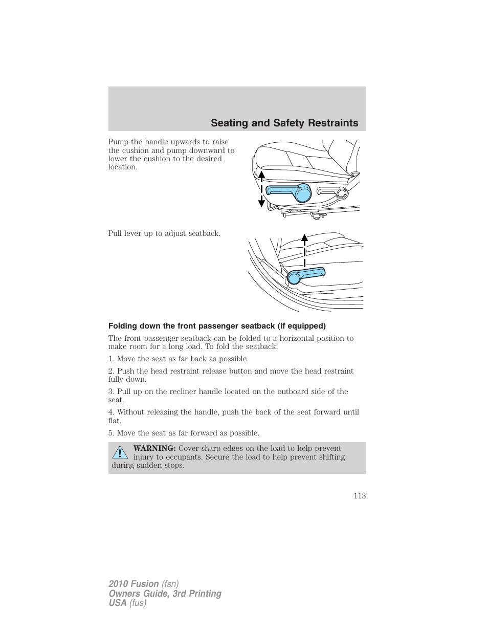 Seating and safety restraints | FORD 2010 Fusion v.3 User Manual | Page 113 / 343