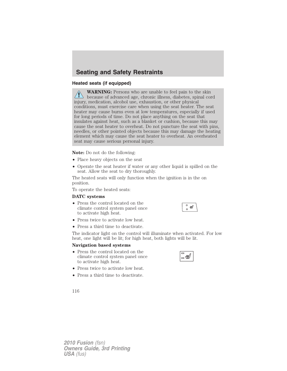 Heated seats (if equipped), Seating and safety restraints | FORD 2010 Fusion v.3 User Manual | Page 116 / 343
