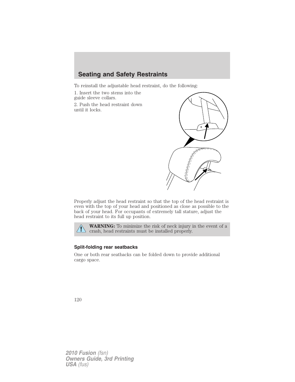 Split-folding rear seatbacks, Seating and safety restraints | FORD 2010 Fusion v.3 User Manual | Page 120 / 343