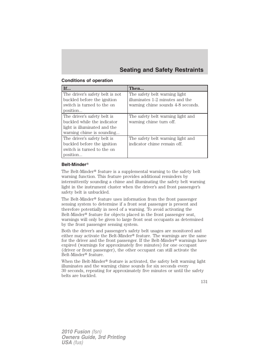 Conditions of operation, Belt-minder, Seating and safety restraints | FORD 2010 Fusion v.3 User Manual | Page 131 / 343