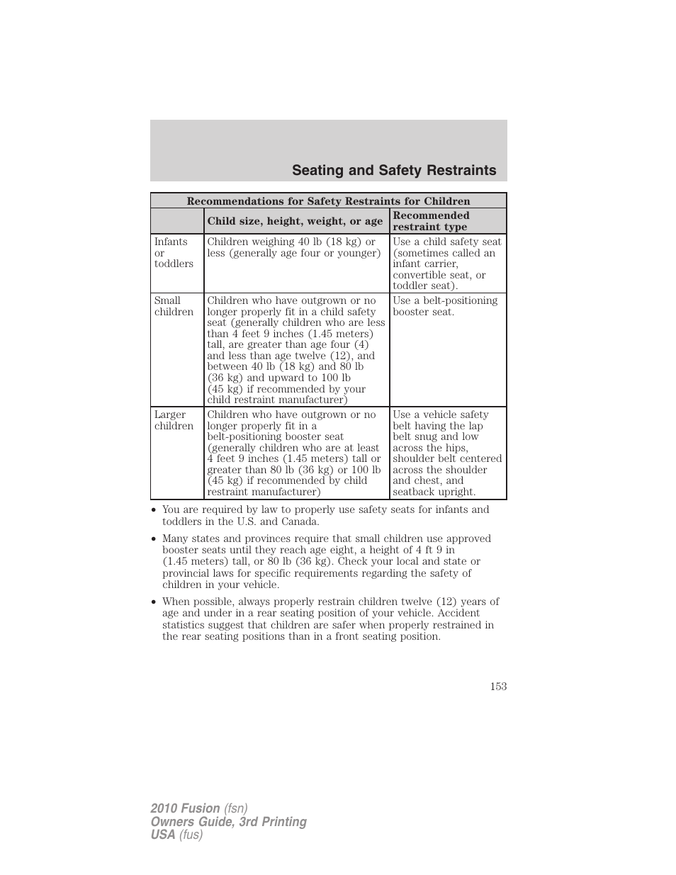 Seating and safety restraints | FORD 2010 Fusion v.3 User Manual | Page 153 / 343