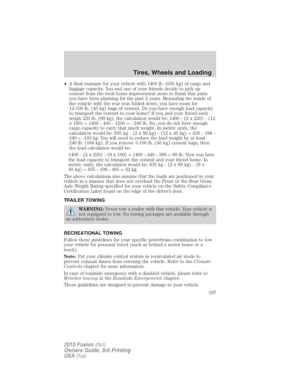 Trailer towing, Recreational towing, Tires, wheels and loading | FORD 2010 Fusion v.3 User Manual | Page 197 / 343