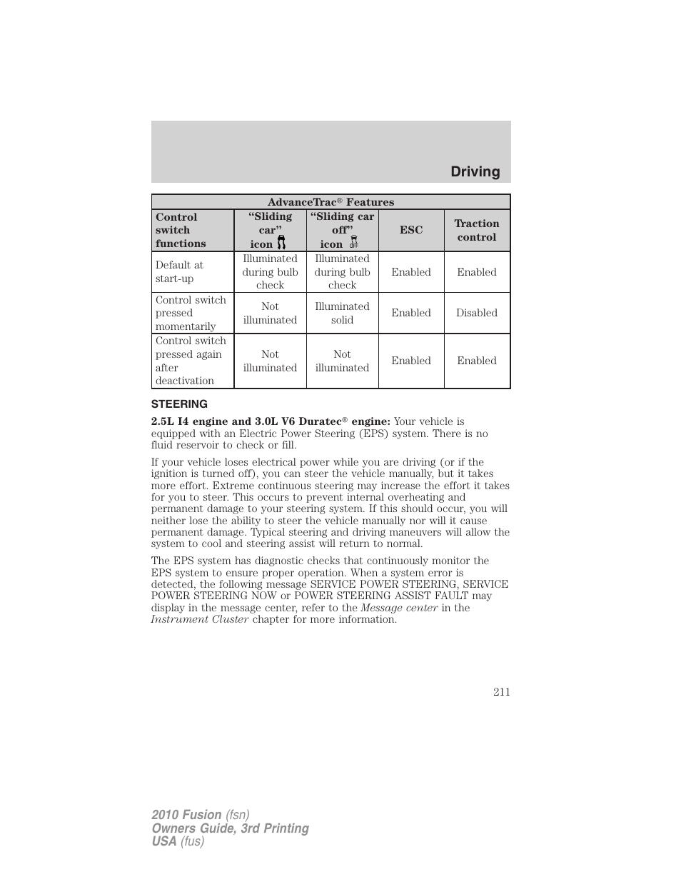 Steering, Driving | FORD 2010 Fusion v.3 User Manual | Page 211 / 343