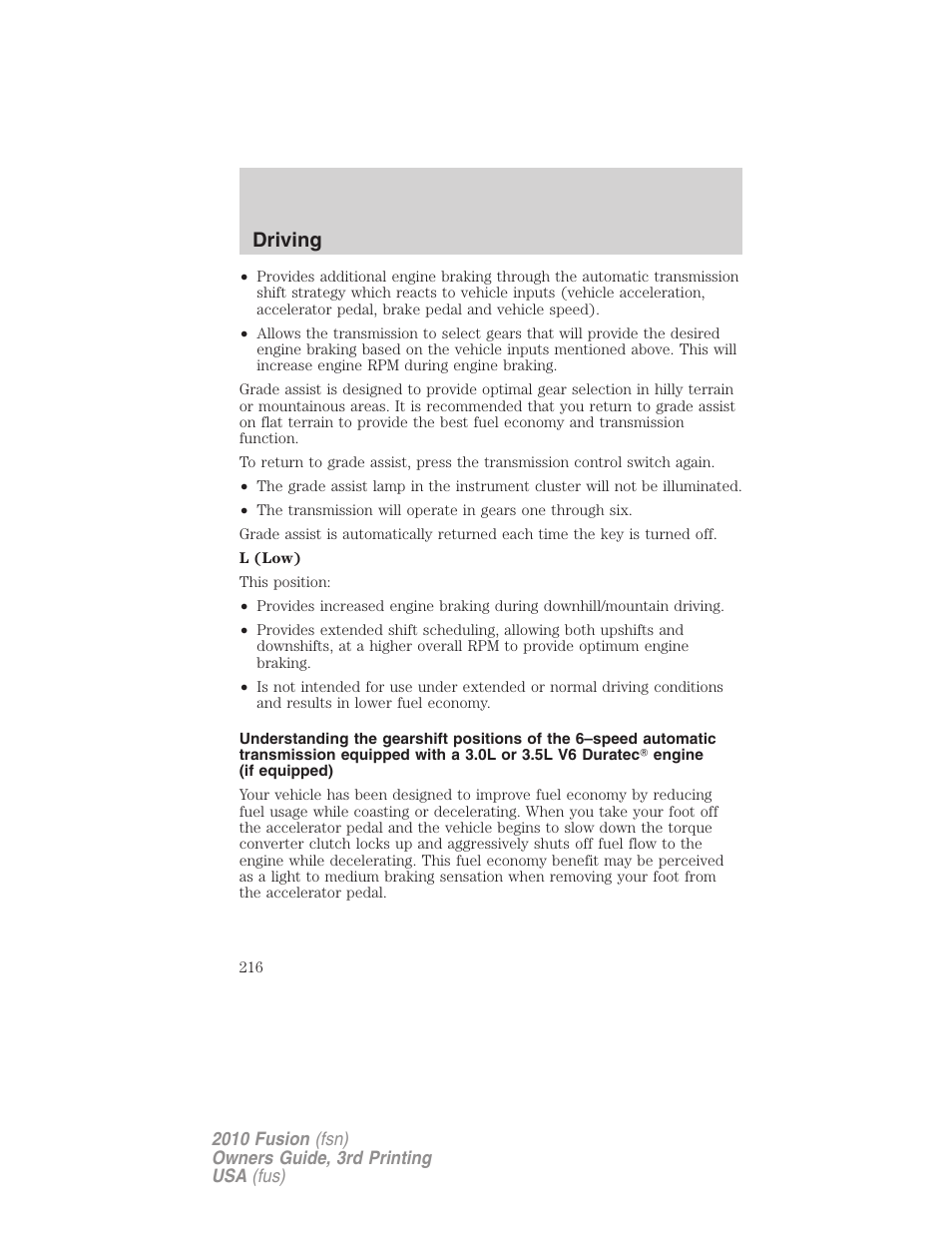 Driving | FORD 2010 Fusion v.3 User Manual | Page 216 / 343