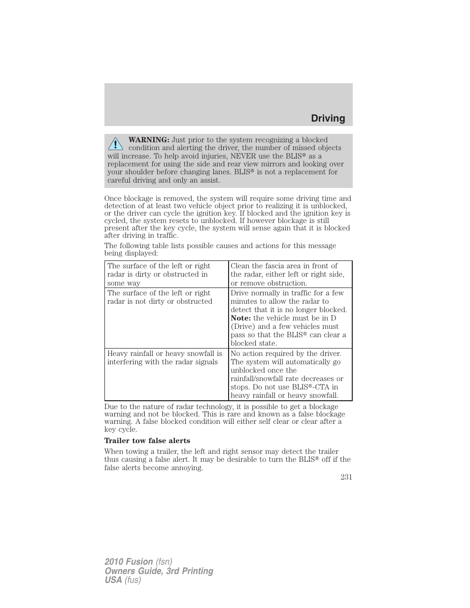 Driving | FORD 2010 Fusion v.3 User Manual | Page 231 / 343