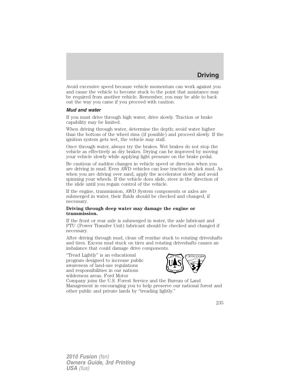 Mud and water, Driving | FORD 2010 Fusion v.3 User Manual | Page 235 / 343