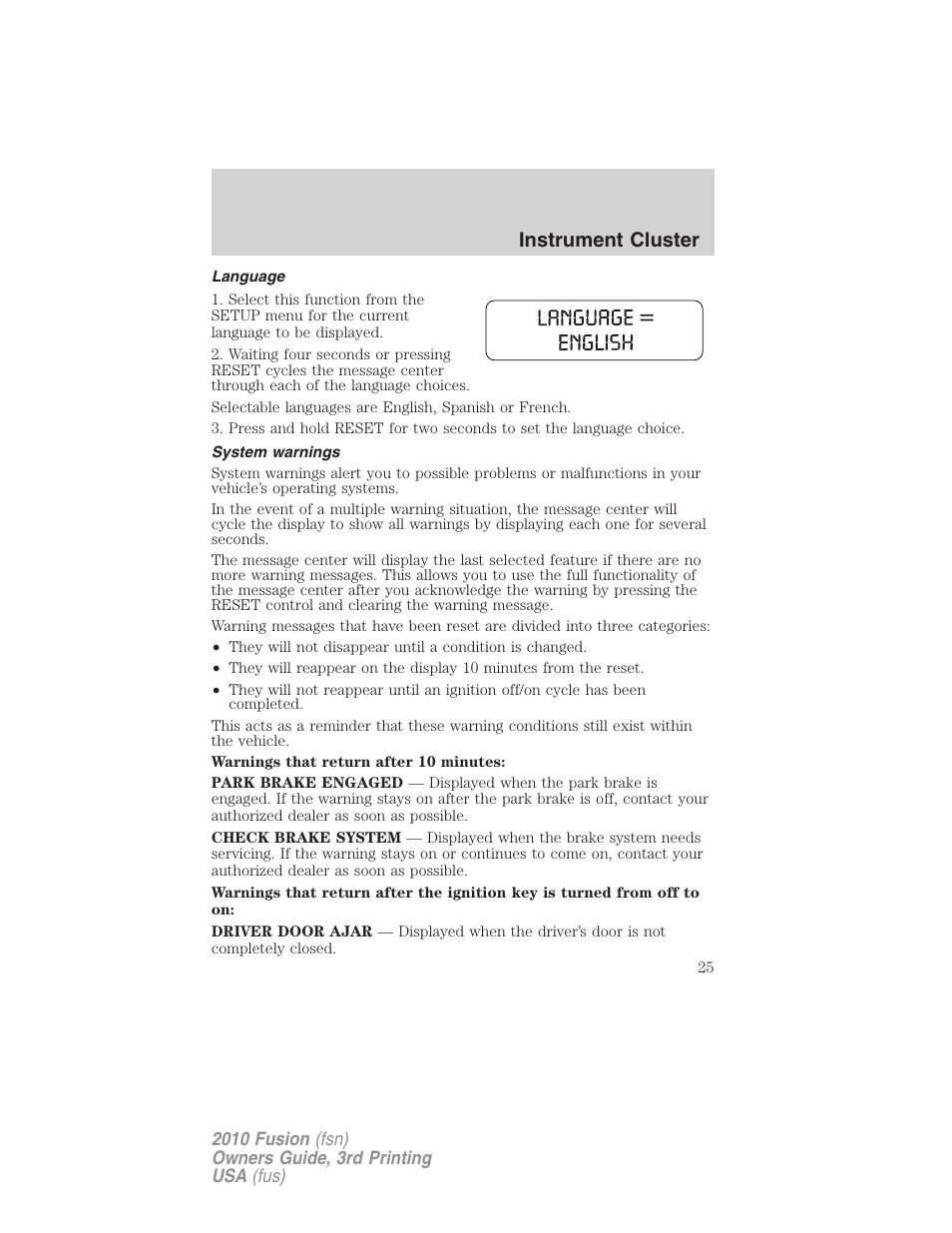 Language, System warnings, Instrument cluster | FORD 2010 Fusion v.3 User Manual | Page 25 / 343