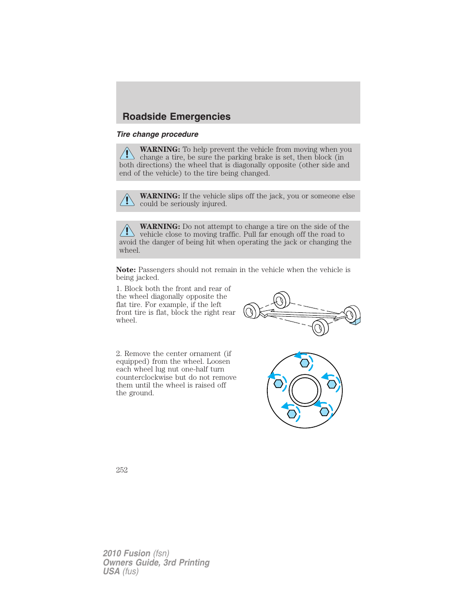 Tire change procedure, Roadside emergencies | FORD 2010 Fusion v.3 User Manual | Page 252 / 343