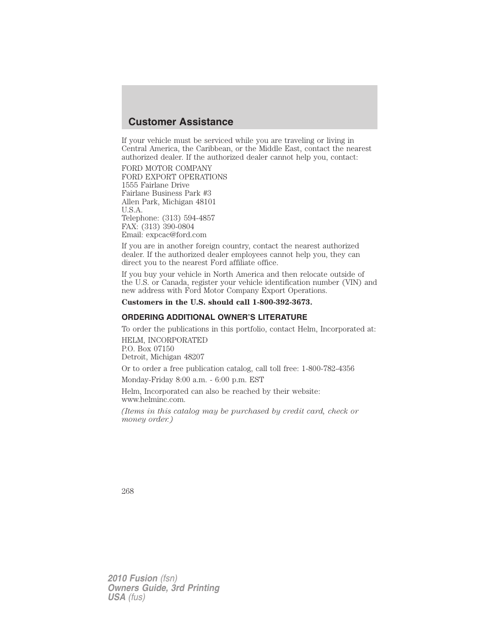 Ordering additional owner’s literature, Customer assistance | FORD 2010 Fusion v.3 User Manual | Page 268 / 343
