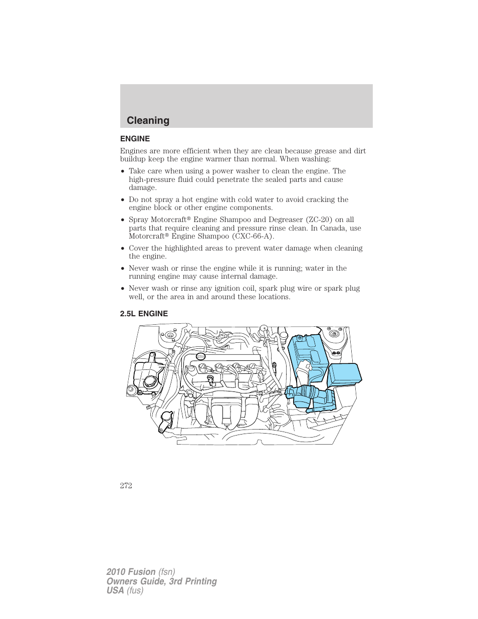 Engine, 5l engine, Cleaning | FORD 2010 Fusion v.3 User Manual | Page 272 / 343