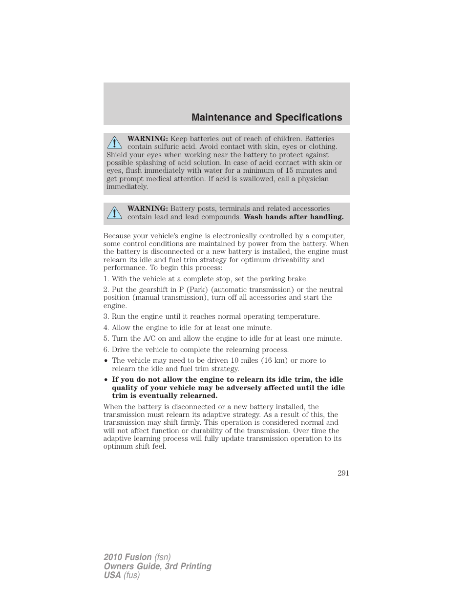 Maintenance and specifications | FORD 2010 Fusion v.3 User Manual | Page 291 / 343