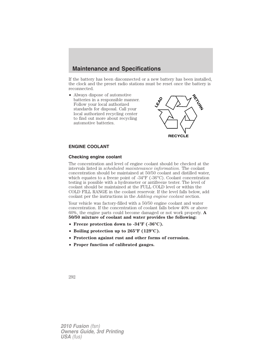 Engine coolant, Checking engine coolant, Maintenance and specifications | FORD 2010 Fusion v.3 User Manual | Page 292 / 343