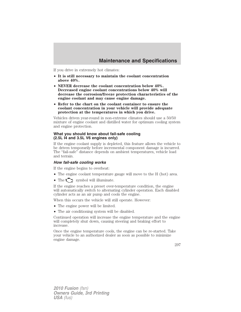 How fail-safe cooling works, Maintenance and specifications | FORD 2010 Fusion v.3 User Manual | Page 297 / 343