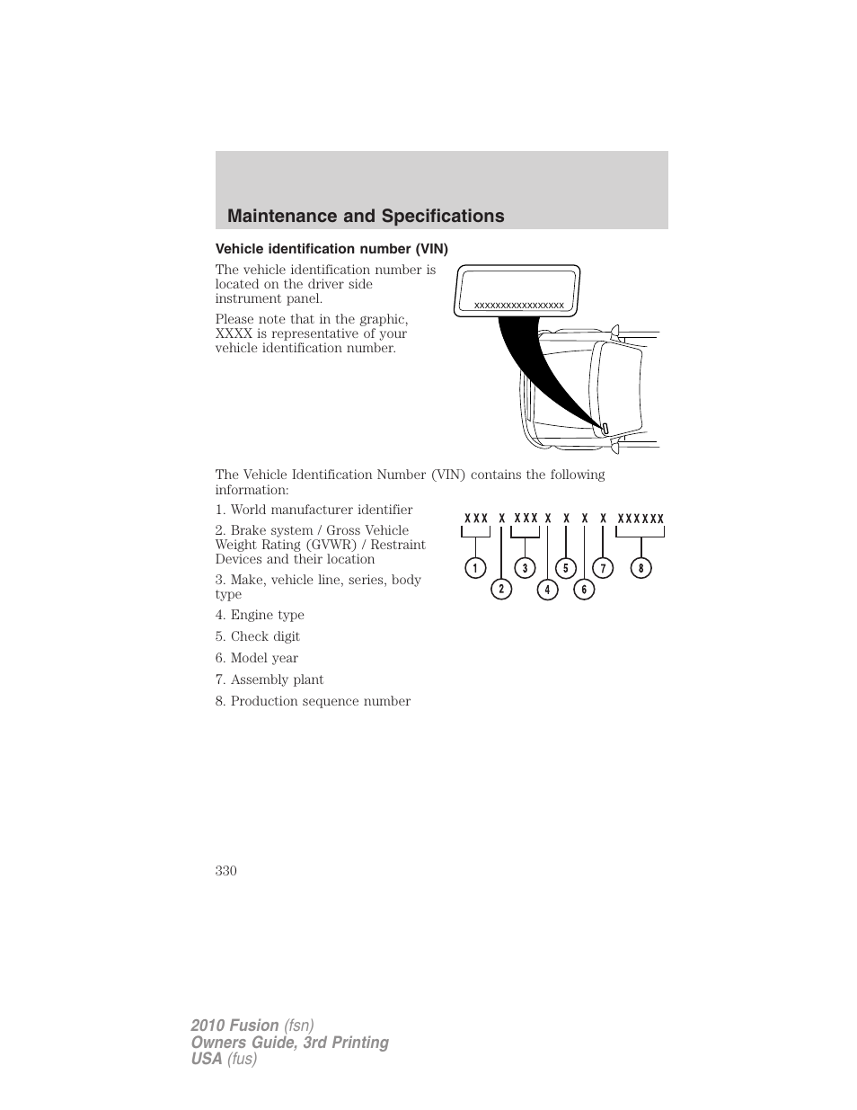 Vehicle identification number (vin), Maintenance and specifications | FORD 2010 Fusion v.3 User Manual | Page 330 / 343