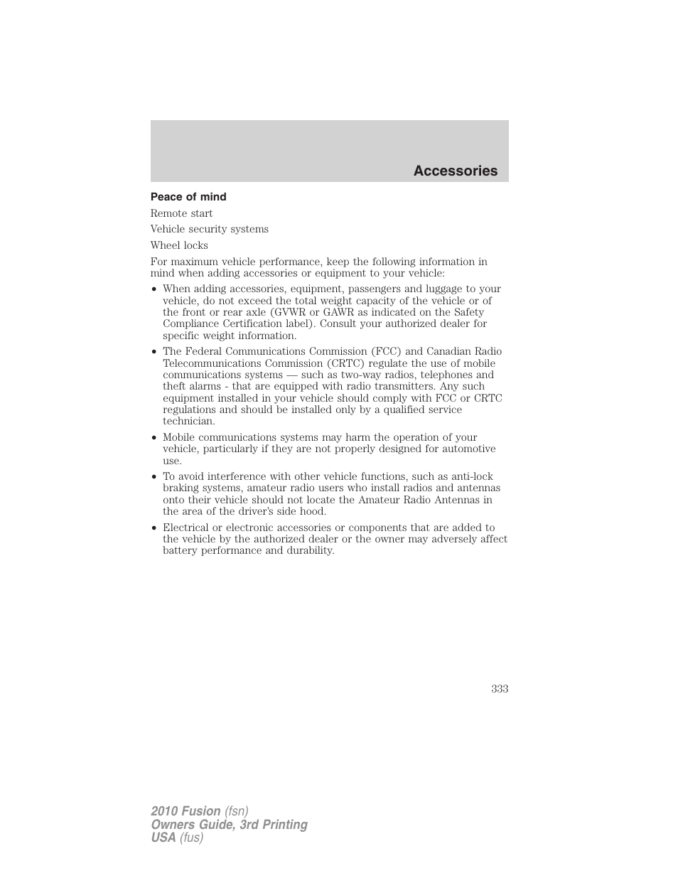 Peace of mind, Accessories | FORD 2010 Fusion v.3 User Manual | Page 333 / 343