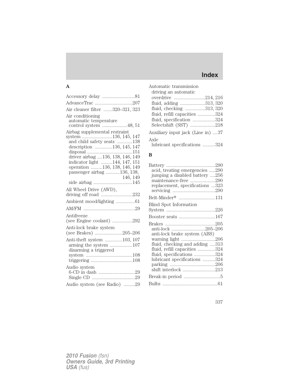 Index | FORD 2010 Fusion v.3 User Manual | Page 337 / 343