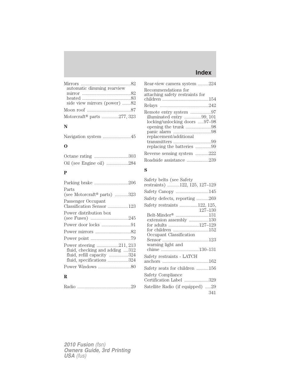 Index | FORD 2010 Fusion v.3 User Manual | Page 341 / 343