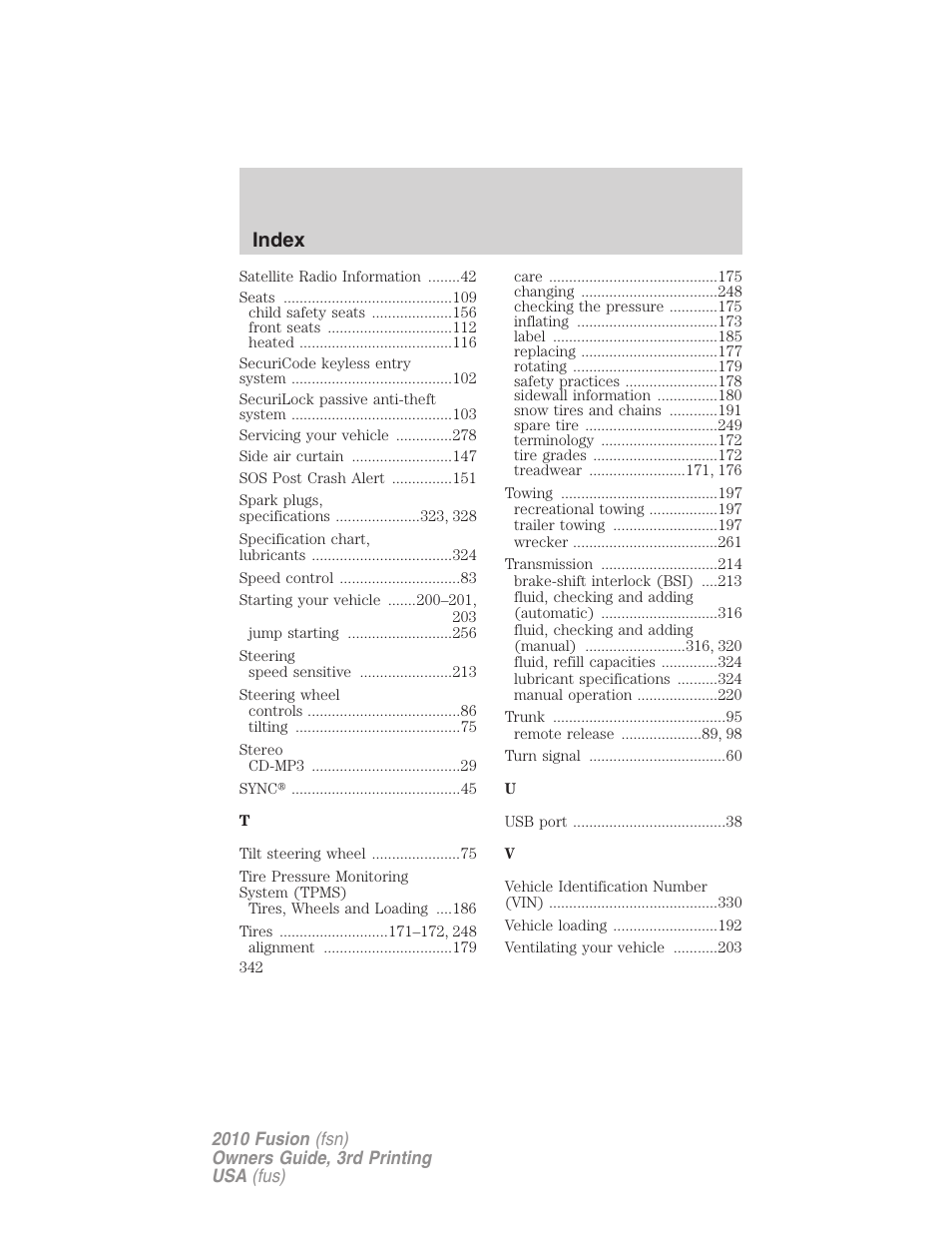 Index | FORD 2010 Fusion v.3 User Manual | Page 342 / 343