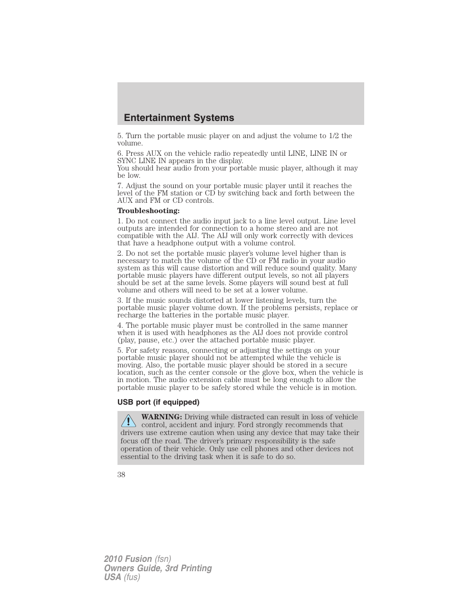 Usb port (if equipped), Usb port, Entertainment systems | FORD 2010 Fusion v.3 User Manual | Page 38 / 343