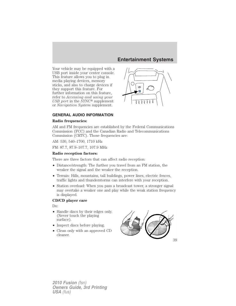 General audio information, Entertainment systems | FORD 2010 Fusion v.3 User Manual | Page 39 / 343