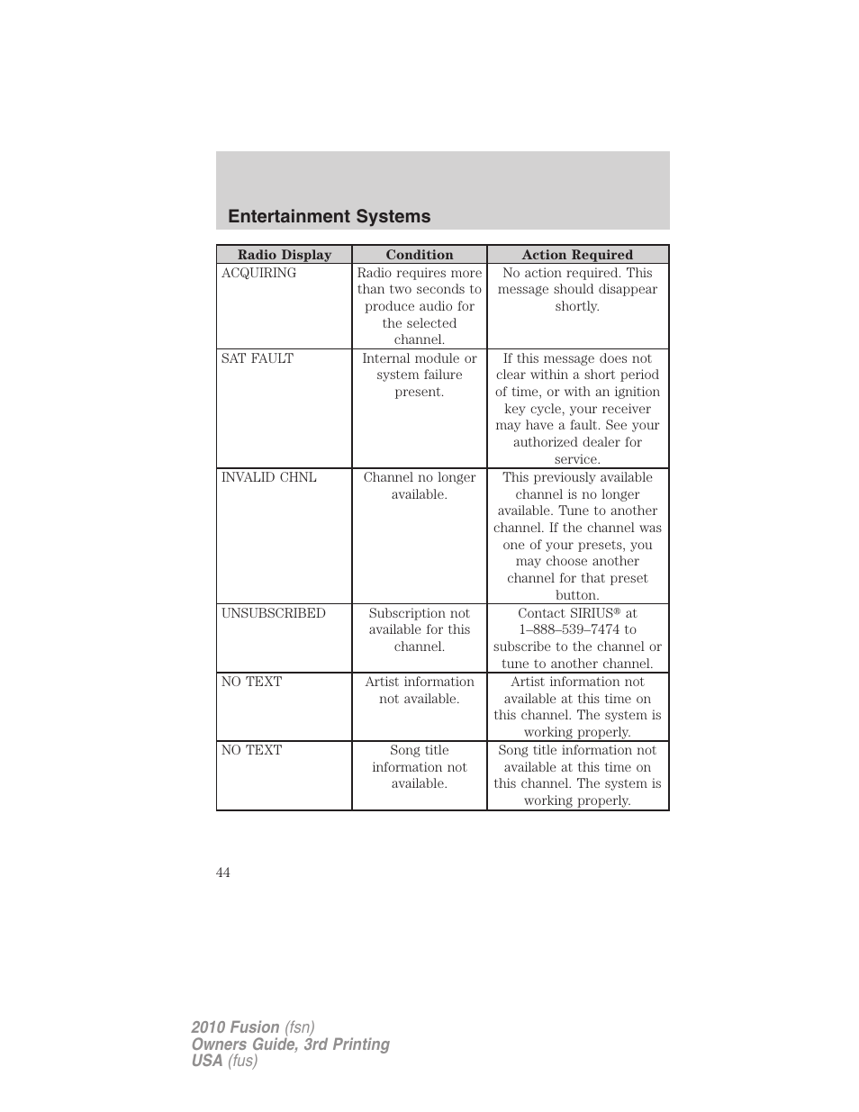 Entertainment systems | FORD 2010 Fusion v.3 User Manual | Page 44 / 343