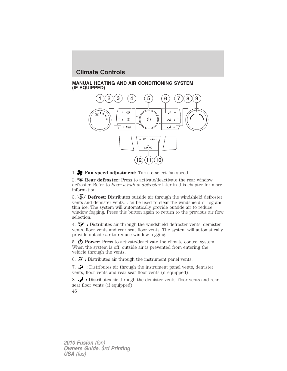 Climate controls, Manual heating and air conditioning | FORD 2010 Fusion v.3 User Manual | Page 46 / 343