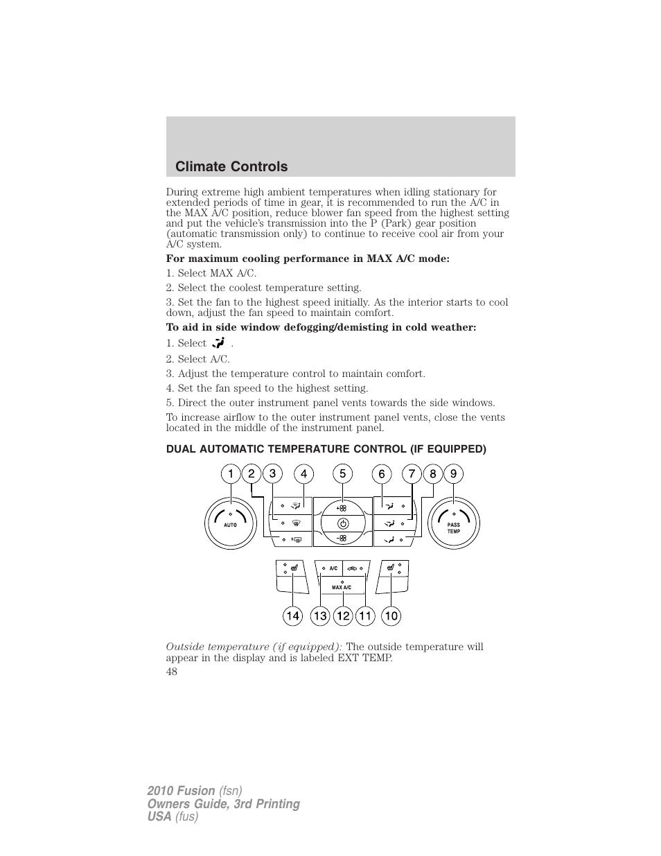 Dual automatic temperature control (if equipped), Dual automatic temperature control, Climate controls | FORD 2010 Fusion v.3 User Manual | Page 48 / 343