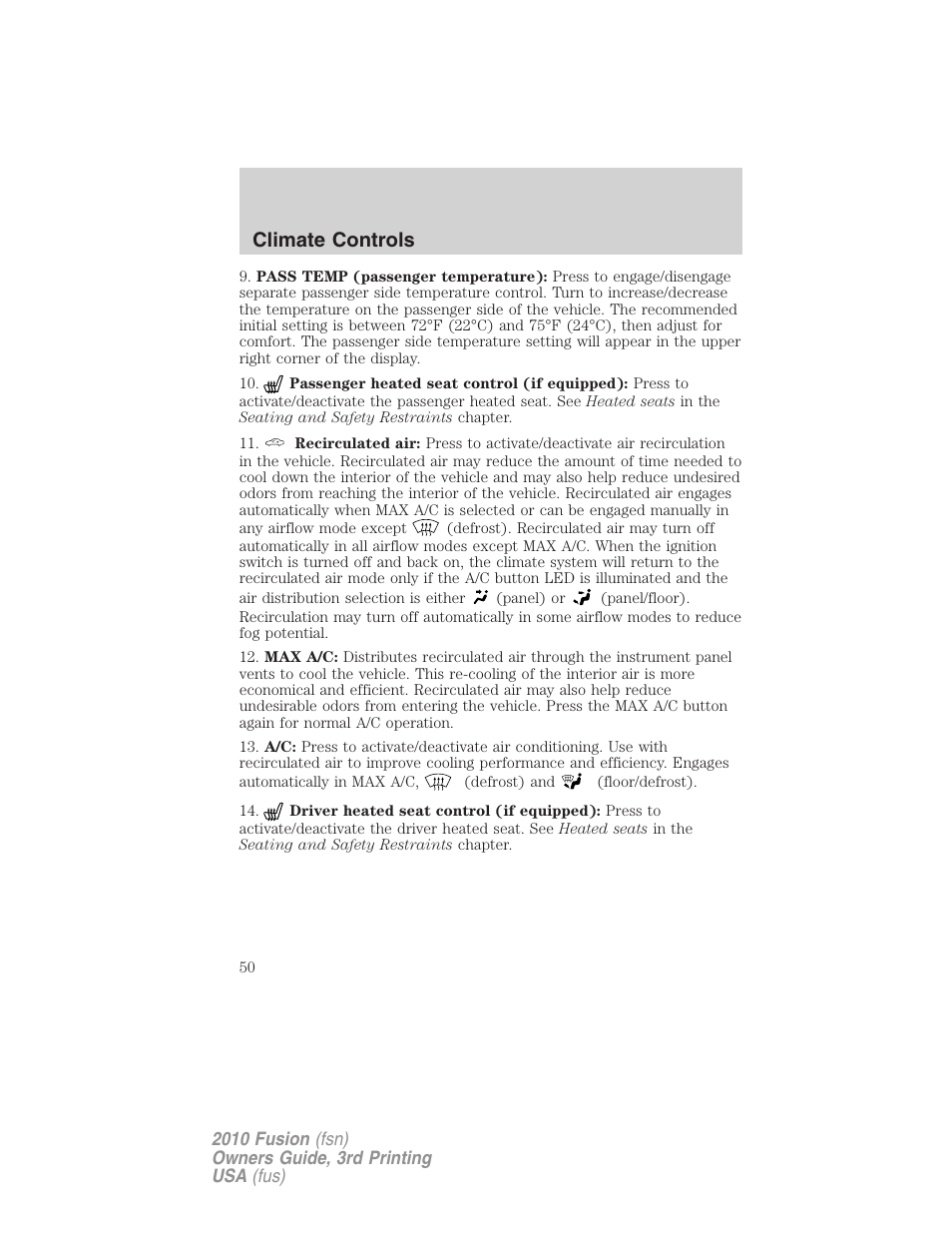 Climate controls | FORD 2010 Fusion v.3 User Manual | Page 50 / 343