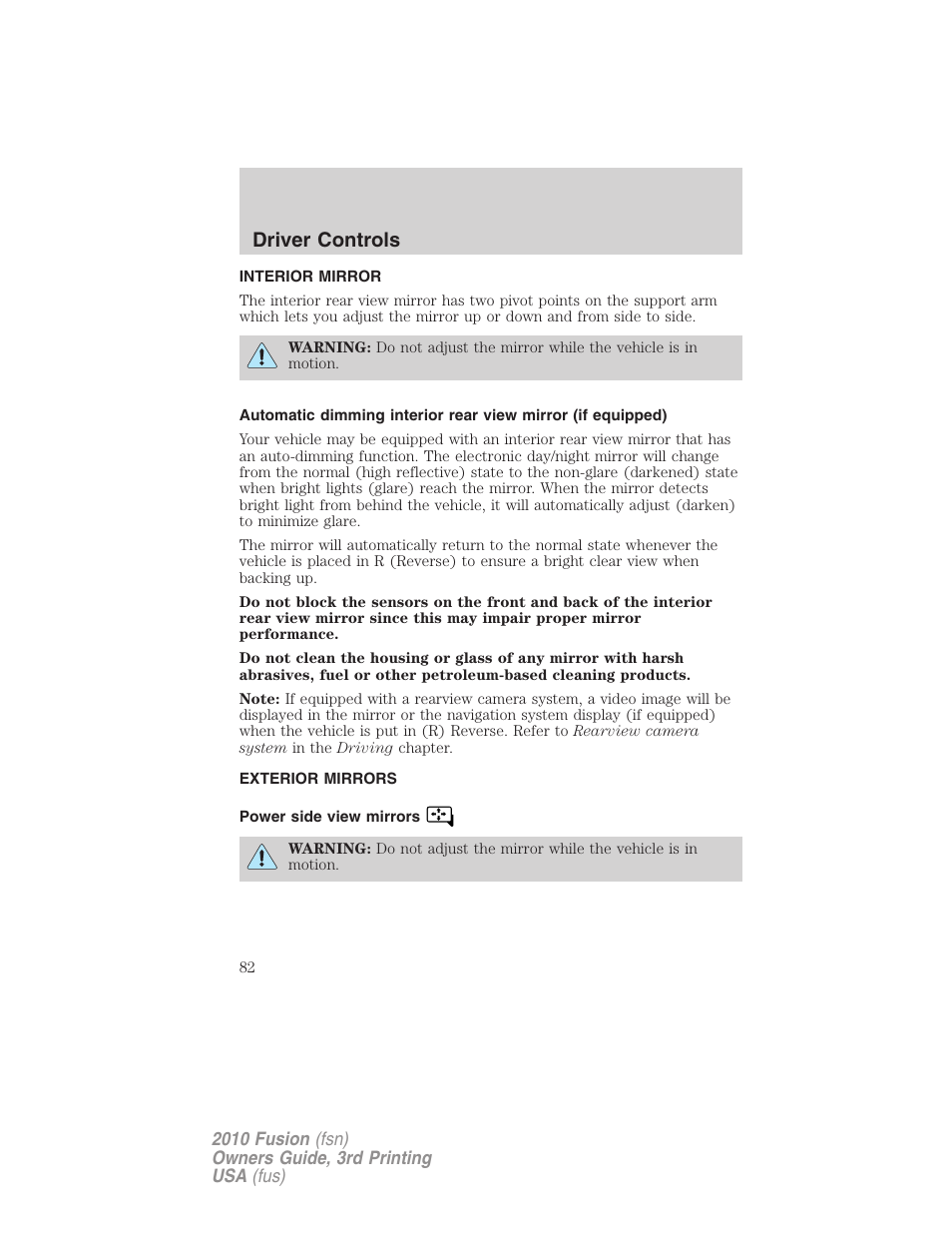 Interior mirror, Exterior mirrors, Power side view mirrors | Mirrors, Driver controls | FORD 2010 Fusion v.3 User Manual | Page 82 / 343