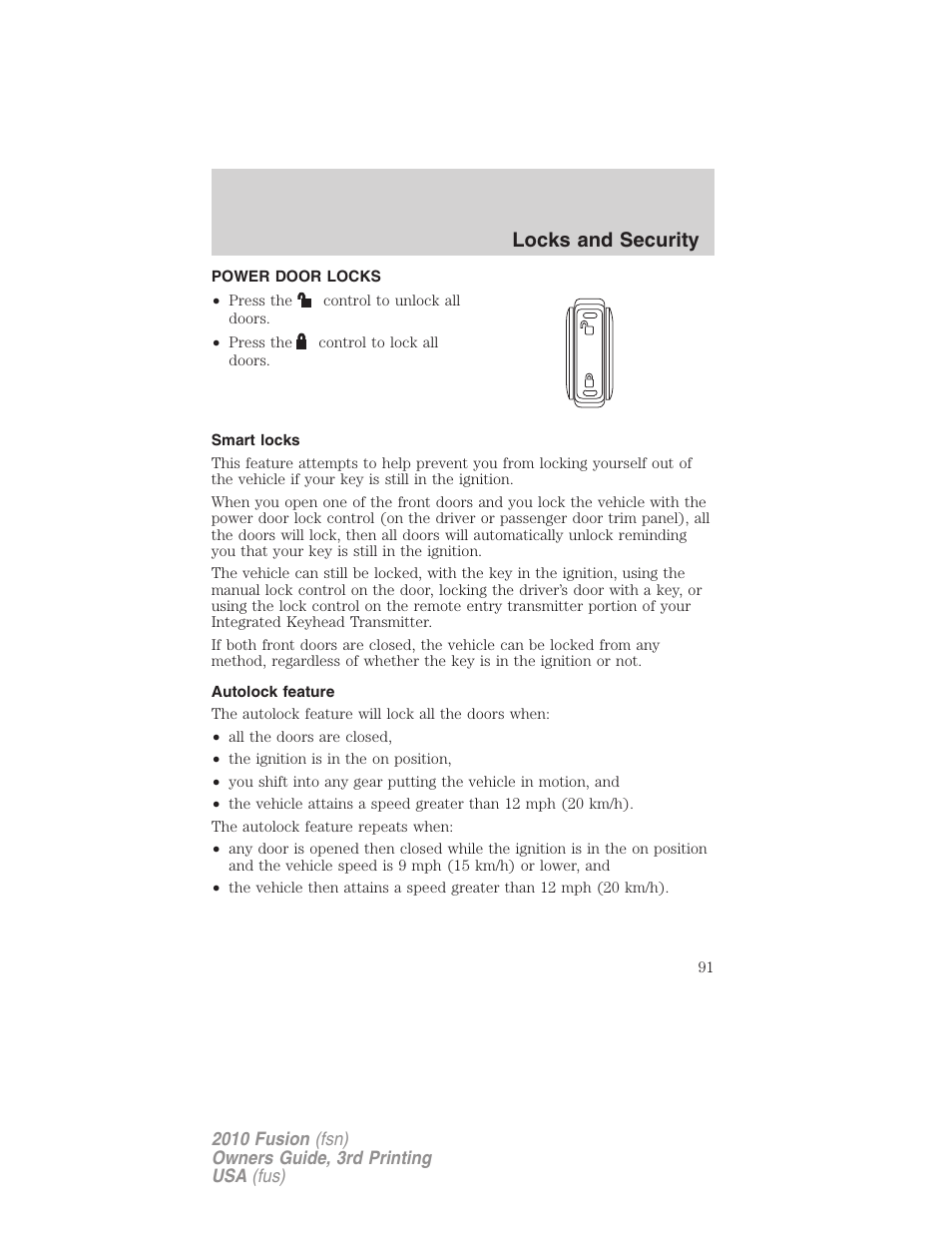 Power door locks, Smart locks, Autolock feature | Locks, Locks and security | FORD 2010 Fusion v.3 User Manual | Page 91 / 343
